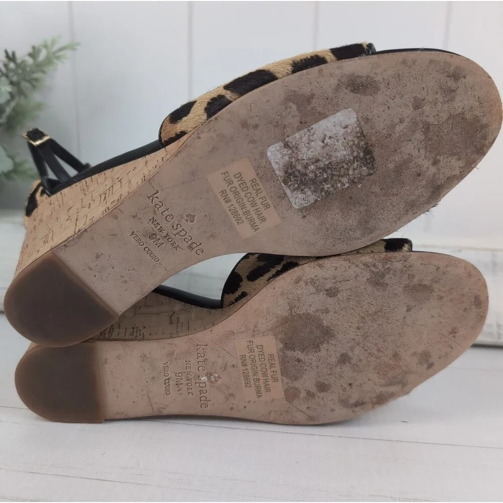 Kate Spade Women's Lonnie Leopard Calf Hair Cork Wedge Sandals Size 9 M